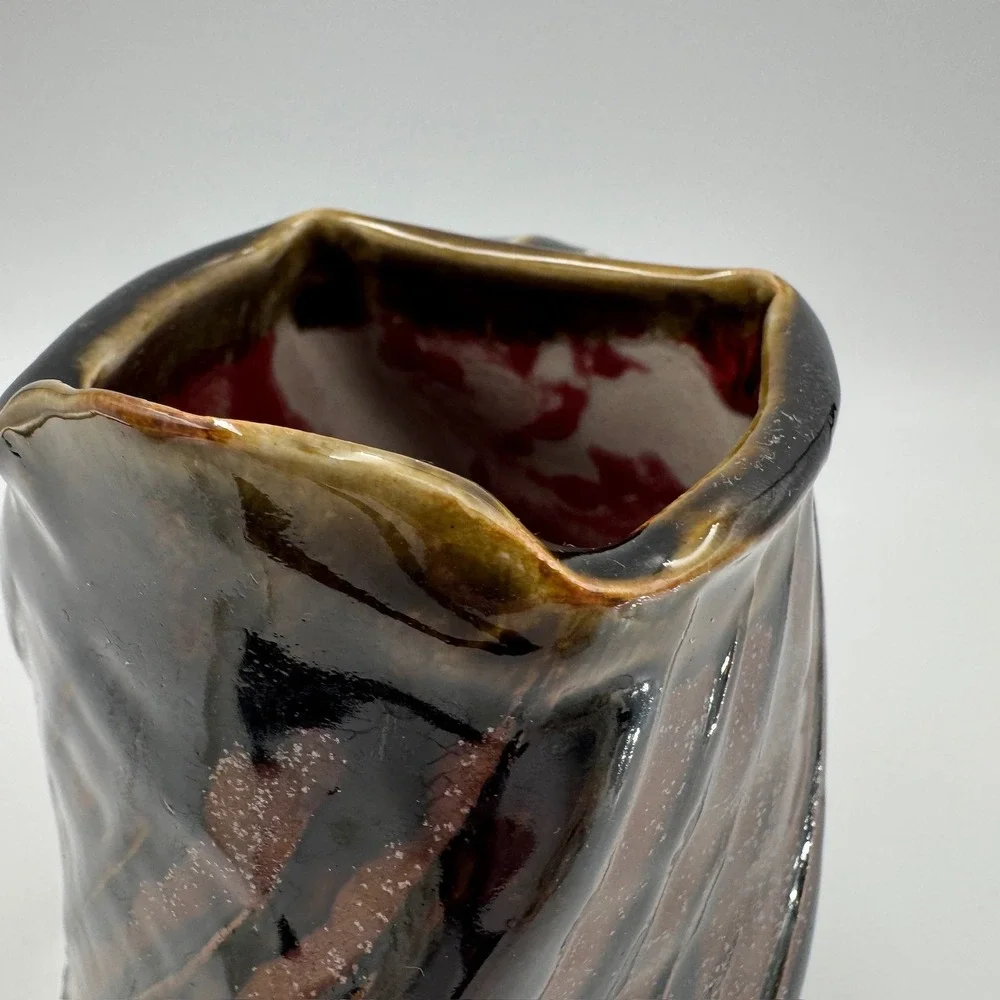Studio Pottery Spiral Ribbed Pitcher Brown Tan Glossy Glaze Oxblood Red Interior